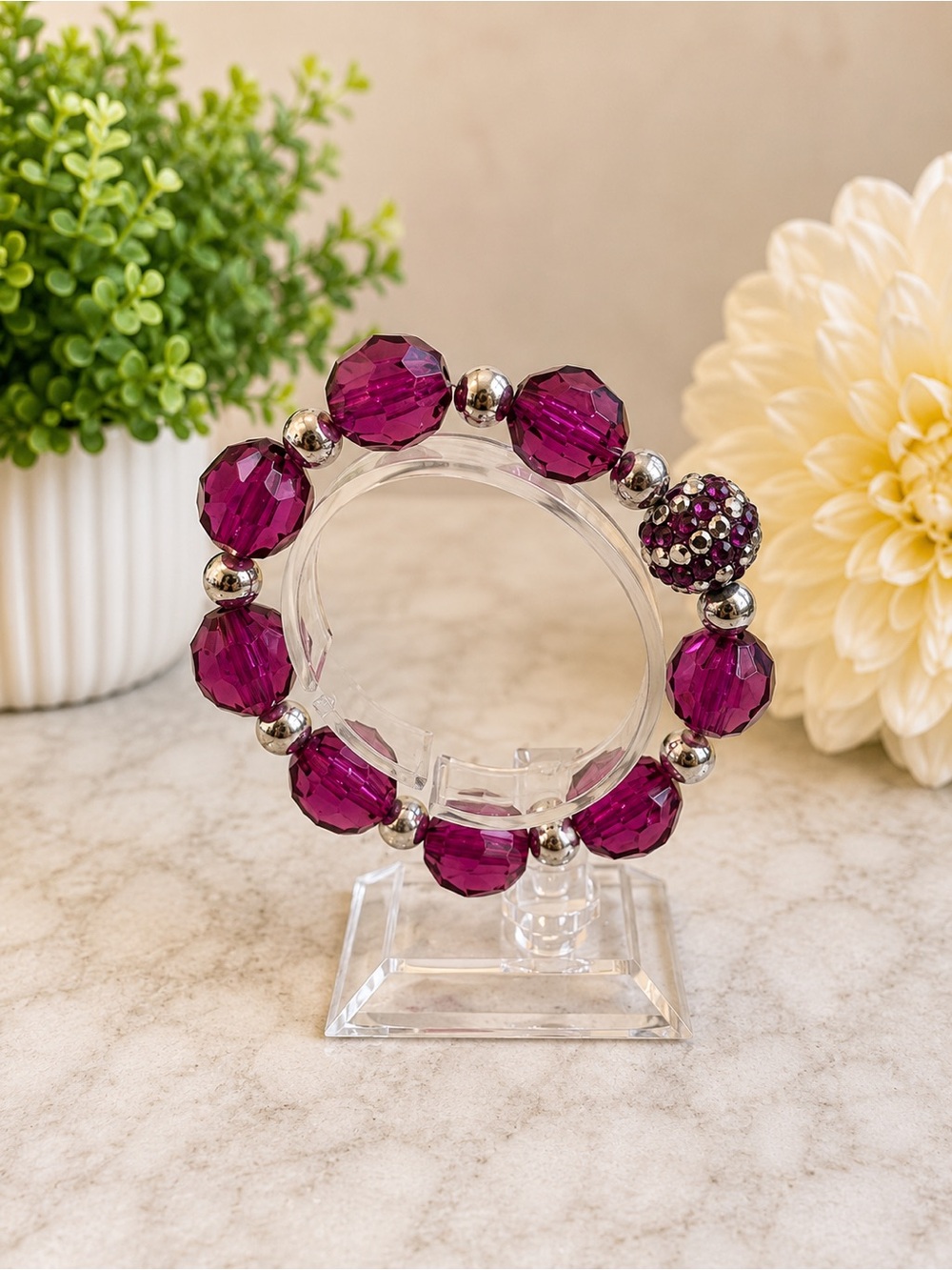 Purple Faceted Beaded Stretch Bracelet Silver Tone Rhinestone Accent Statement - Picture 5 of 6